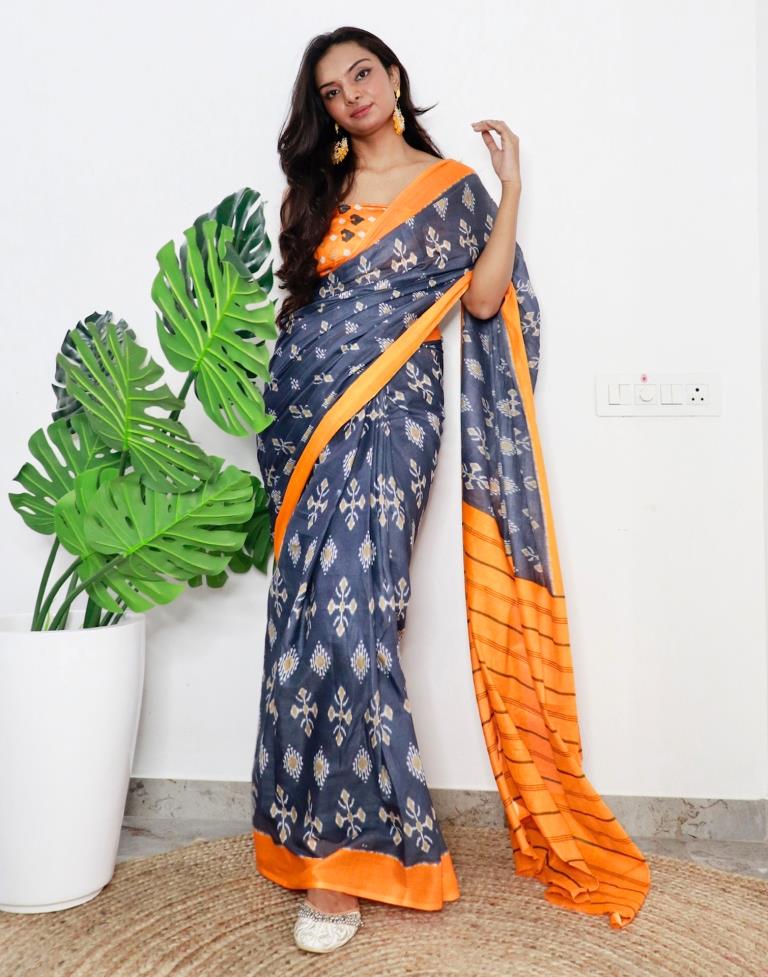 Grey &amp; Orange Printed Cotton Saree