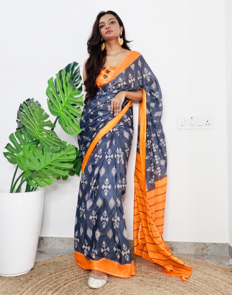 Grey &amp; Orange Printed Cotton Saree