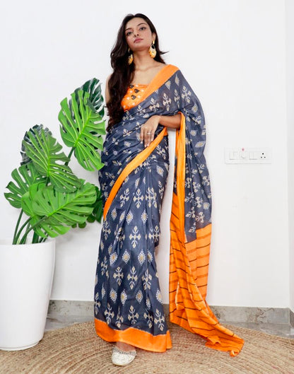 Grey &amp; Orange Printed Cotton Saree