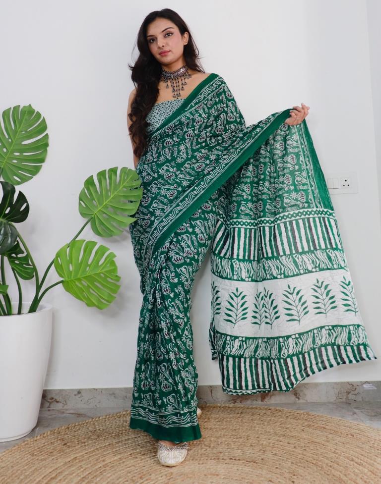 Ready to Wear Green Printed Cotton Saree