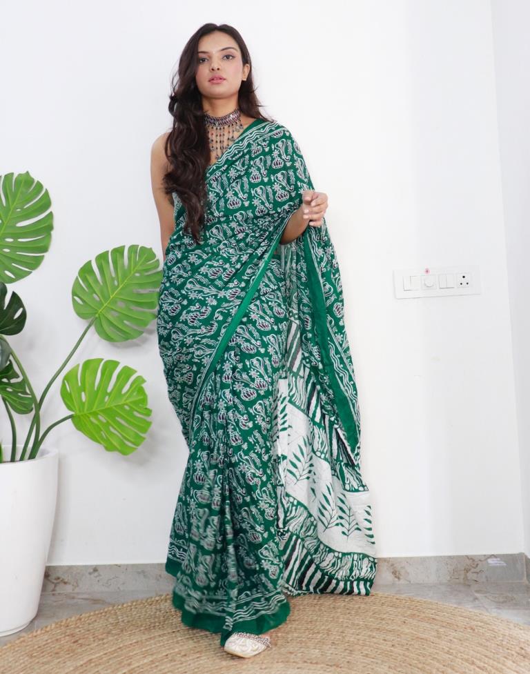 Ready to Wear Green Printed Cotton Saree