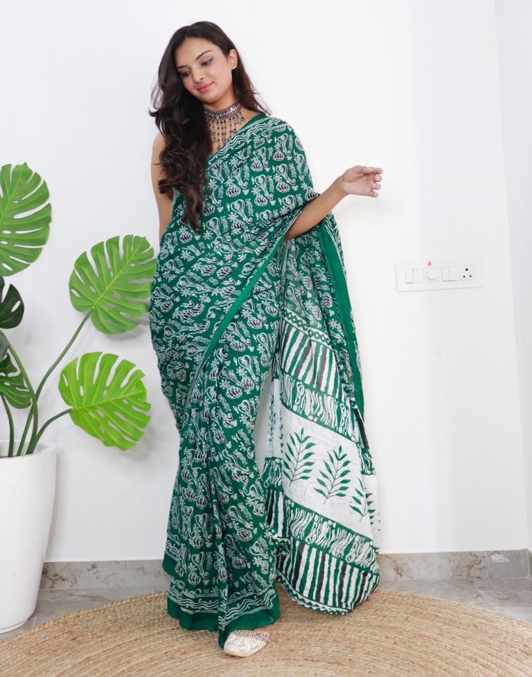 Ready to Wear Green Printed Cotton Saree