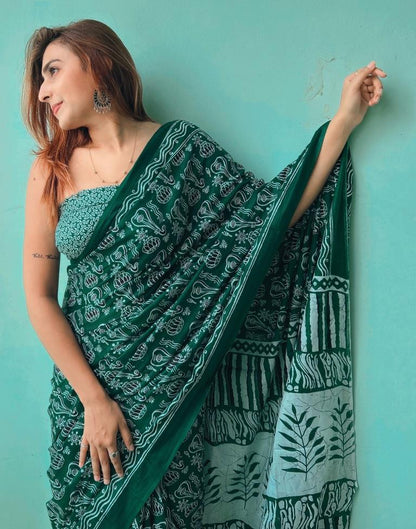 Ready to Wear Green Printed Cotton Saree