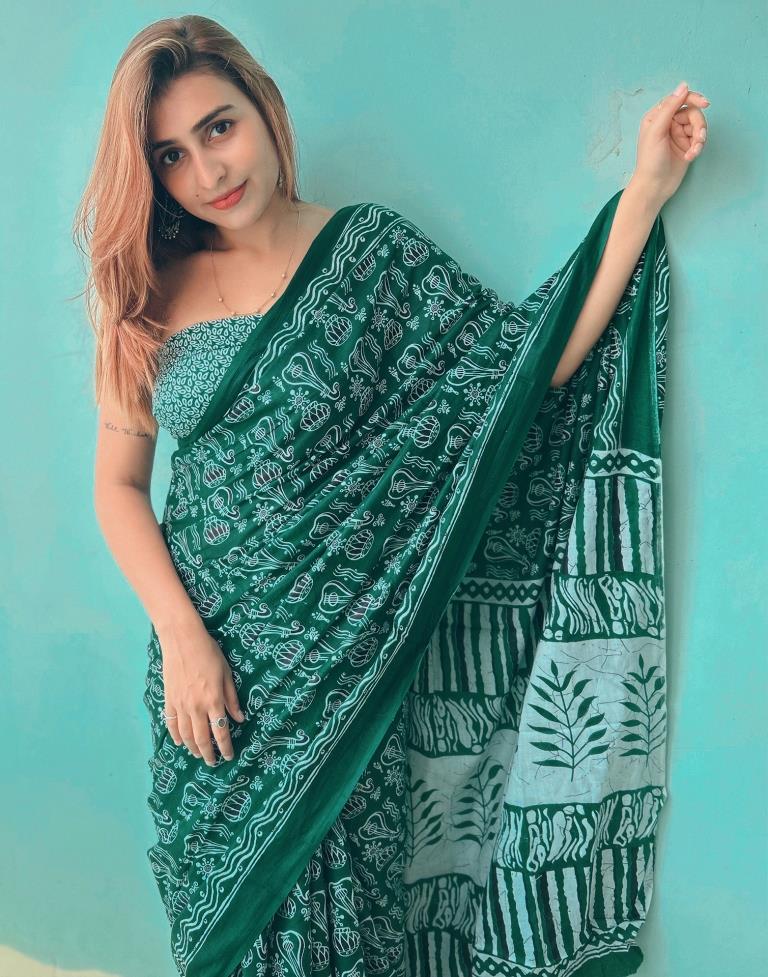 Ready to Wear Green Printed Cotton Saree