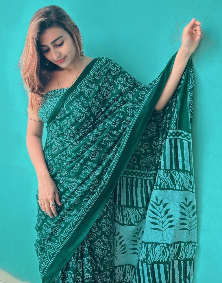 Ready to Wear Green Printed Cotton Saree