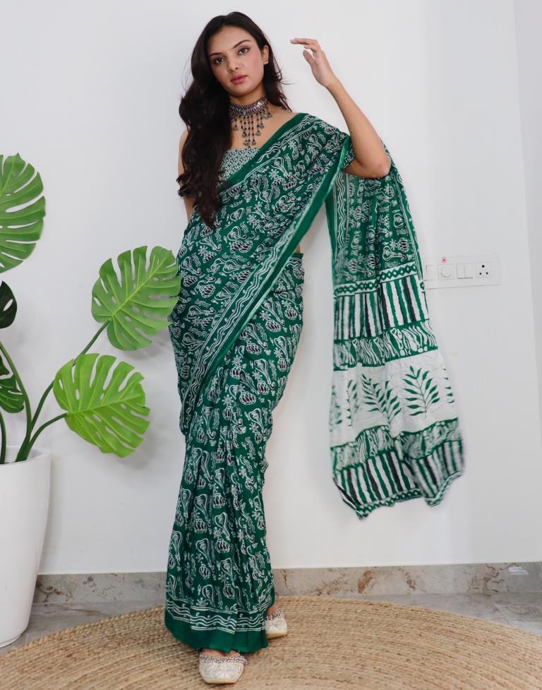 Ready to Wear Green Printed Cotton Saree