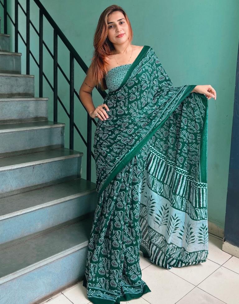 Ready to Wear Green Printed Cotton Saree