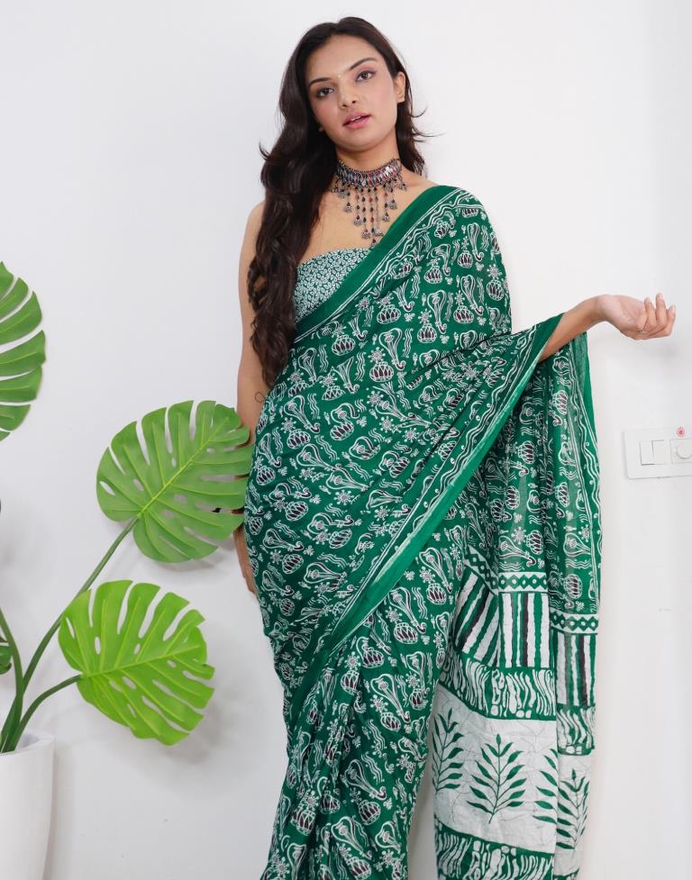 Ready to Wear Green Printed Cotton Saree