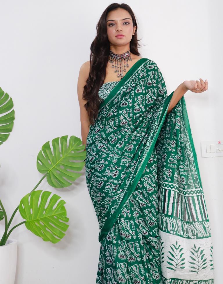 Ready to Wear Green Printed Cotton Saree