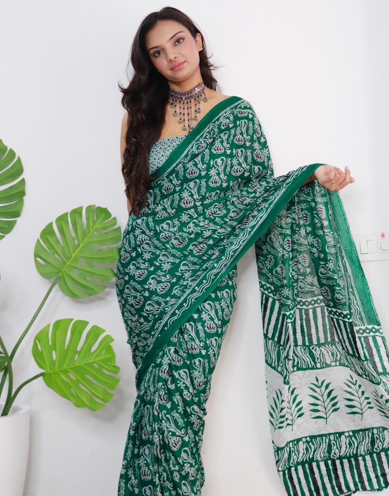 Ready to Wear Green Printed Cotton Saree