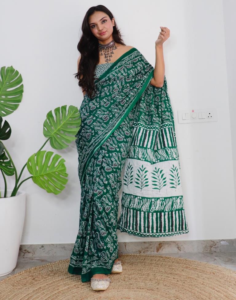 Ready to Wear Green Printed Cotton Saree