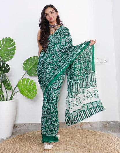 Ready to Wear Green Printed Cotton Saree