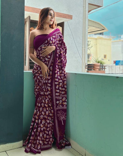 Purple Printed Cotton Saree