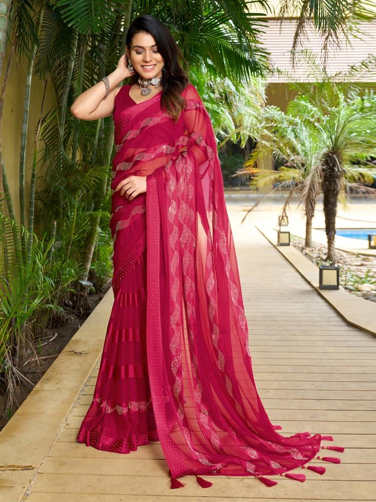 Dark Pink Plain Chiffon Saree