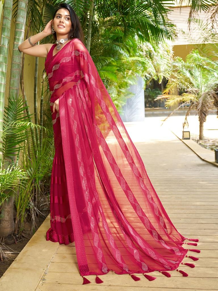 Dark Pink Plain Chiffon Saree