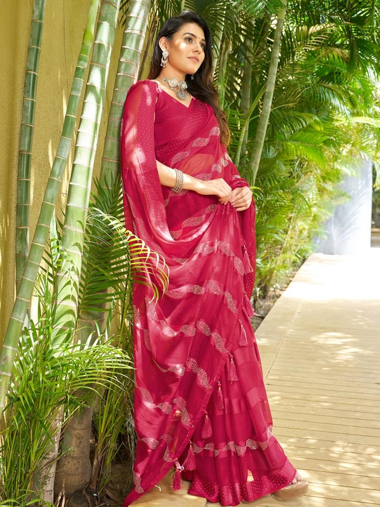 Dark Pink Plain Chiffon Saree