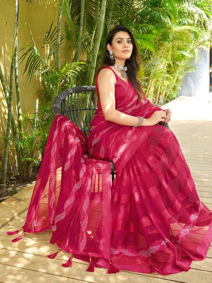 Dark Pink Plain Chiffon Saree