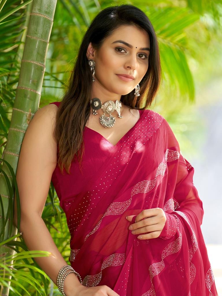 Dark Pink Plain Chiffon Saree