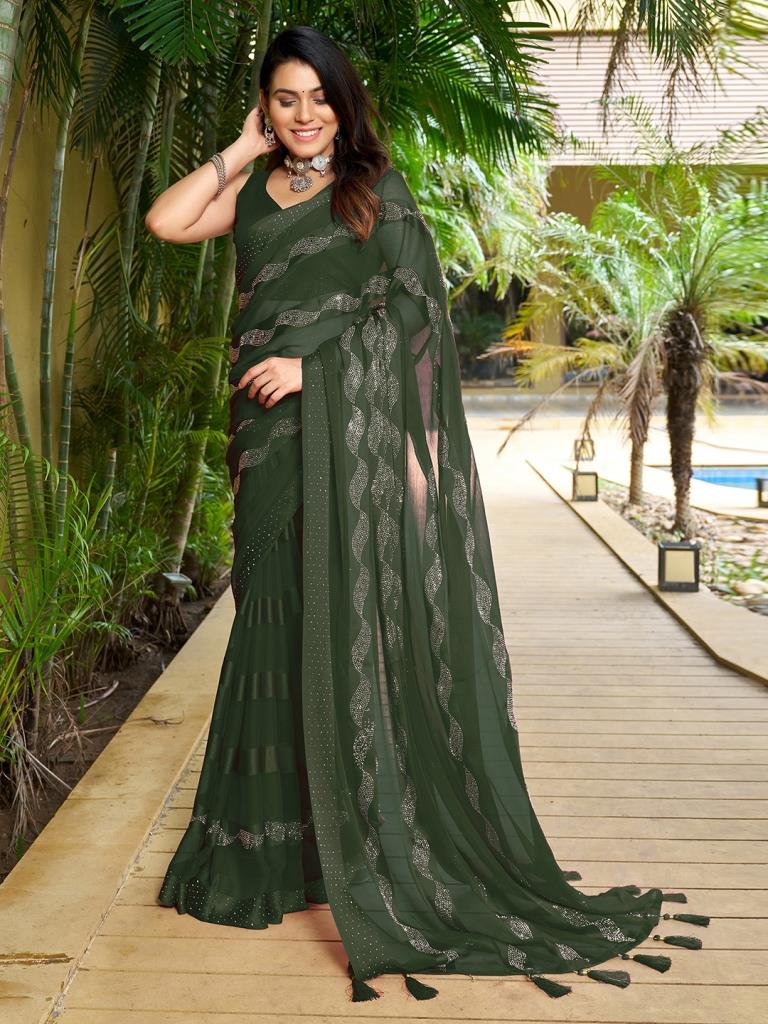 Dark Olive Green Plain Chiffon Saree