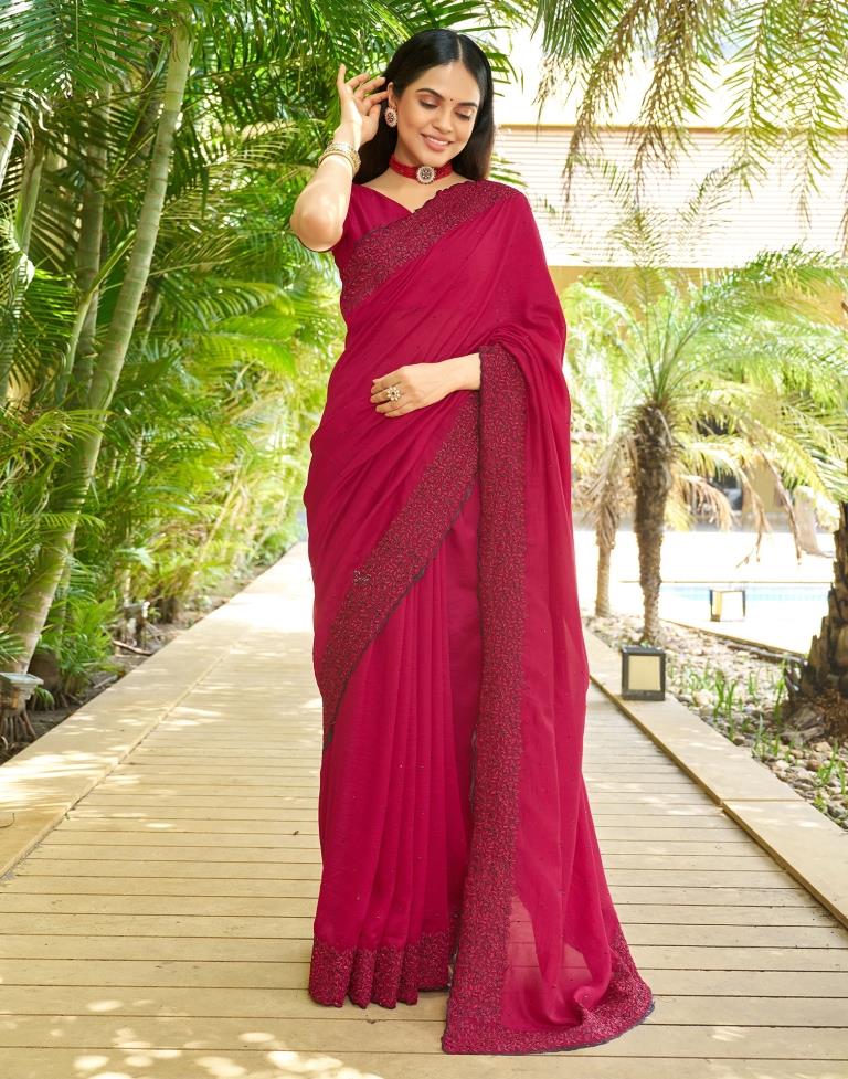 Dark Pink Plain Silk Saree