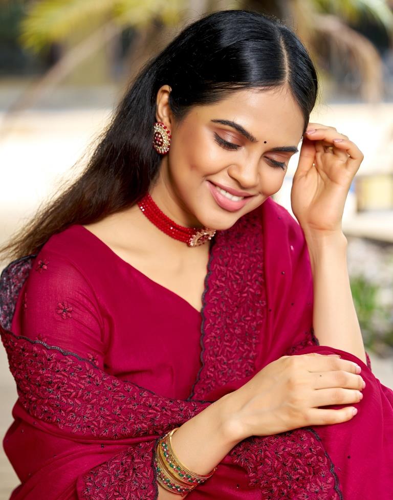 Dark Pink Plain Silk Saree