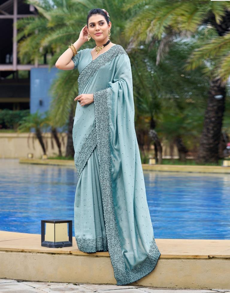 Pastel Blue Plain Silk Saree