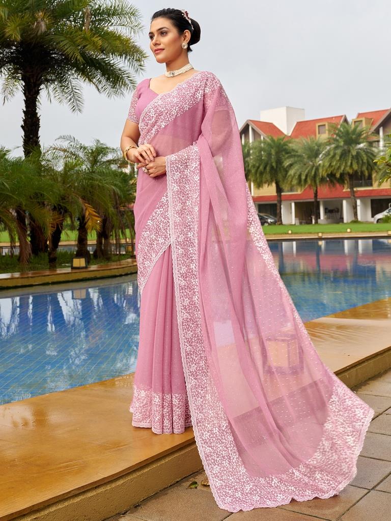 Baby Pink Plain Chiffon Saree