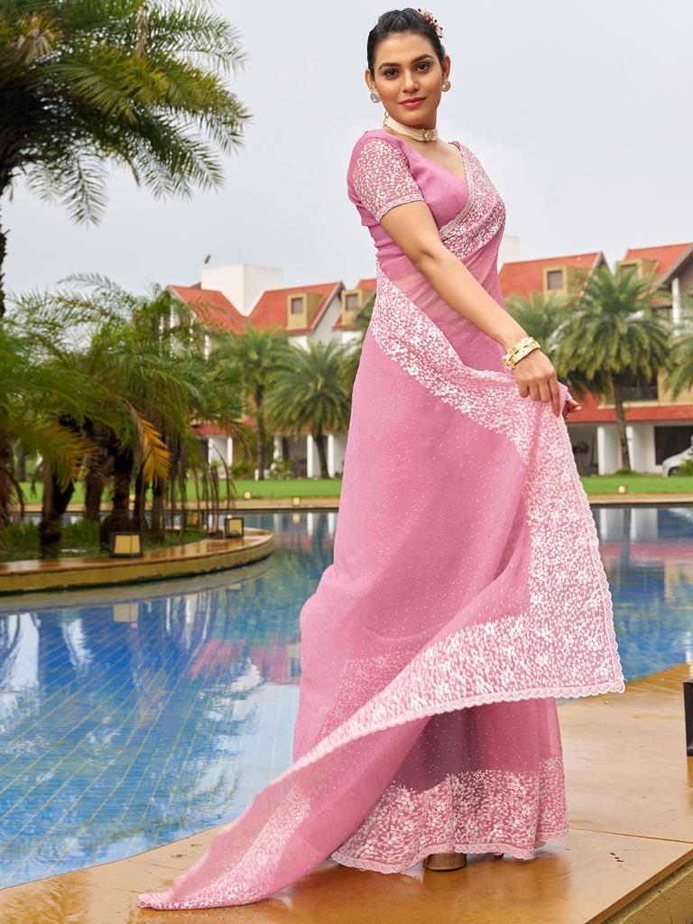 Baby Pink Plain Chiffon Saree