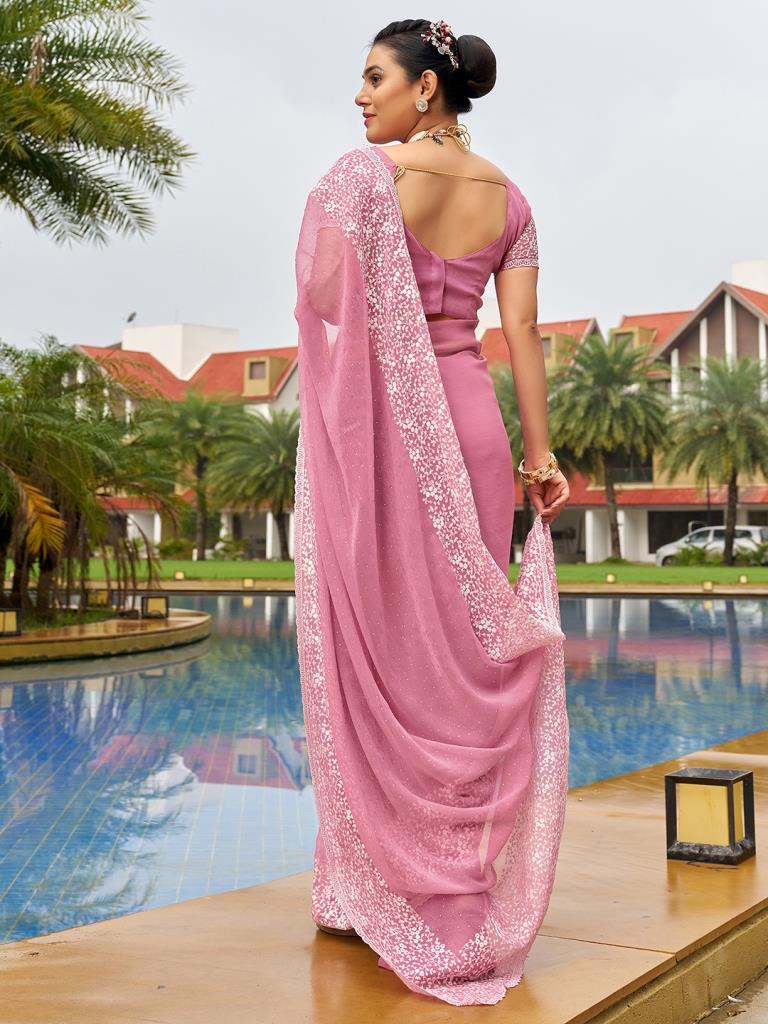 Baby Pink Plain Chiffon Saree