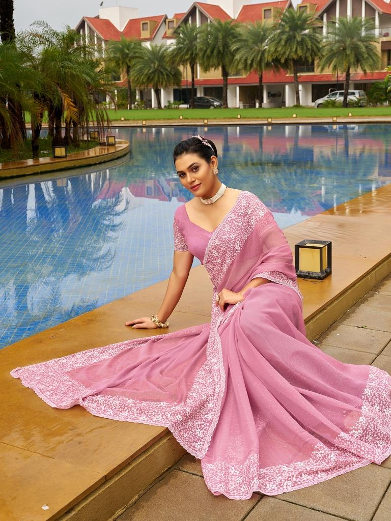 Baby Pink Plain Chiffon Saree