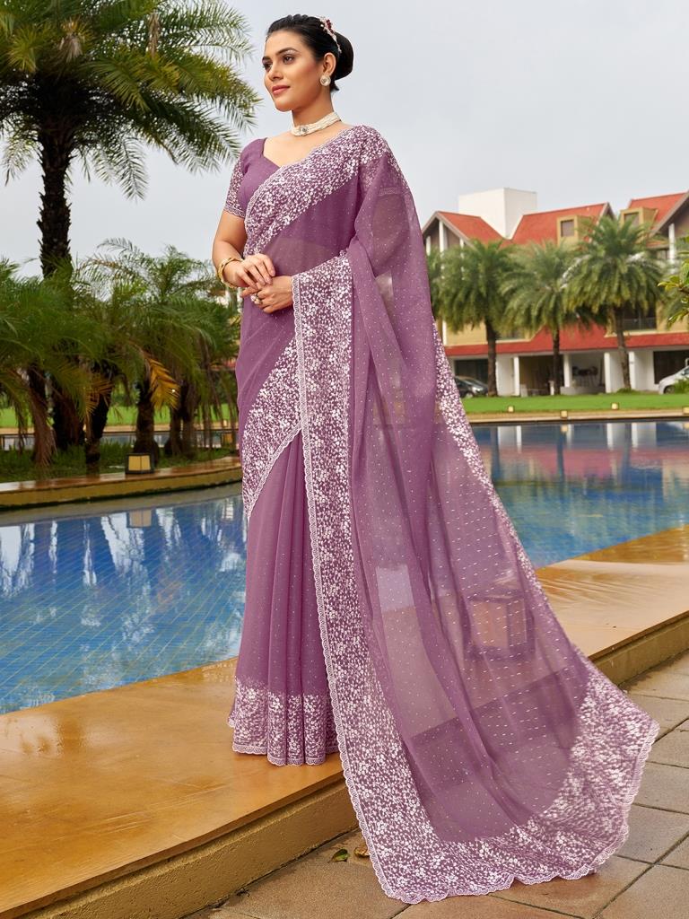 Dark Mauve Purple Plain Chiffon Saree