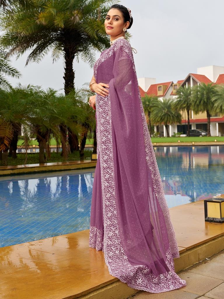 Dark Mauve Purple Plain Chiffon Saree