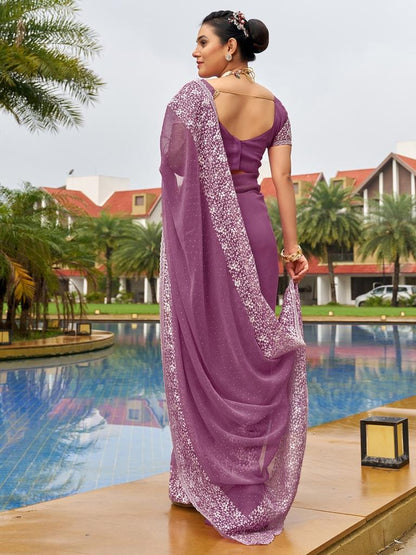 Dark Mauve Purple Plain Chiffon Saree