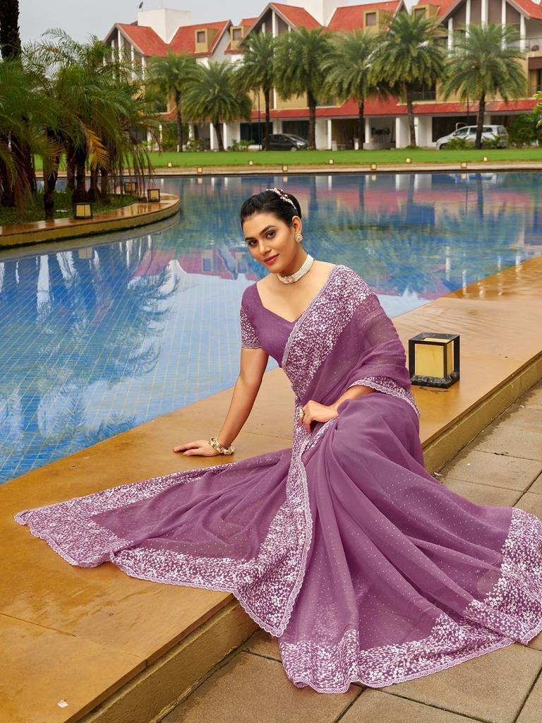 Dark Mauve Purple Plain Chiffon Saree