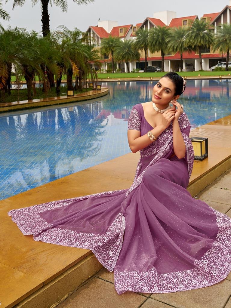 Dark Mauve Purple Plain Chiffon Saree