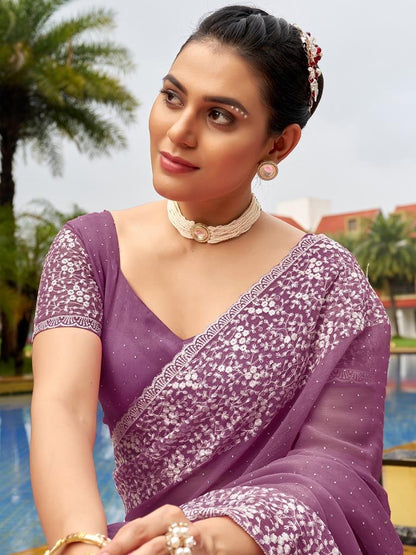 Dark Mauve Purple Plain Chiffon Saree