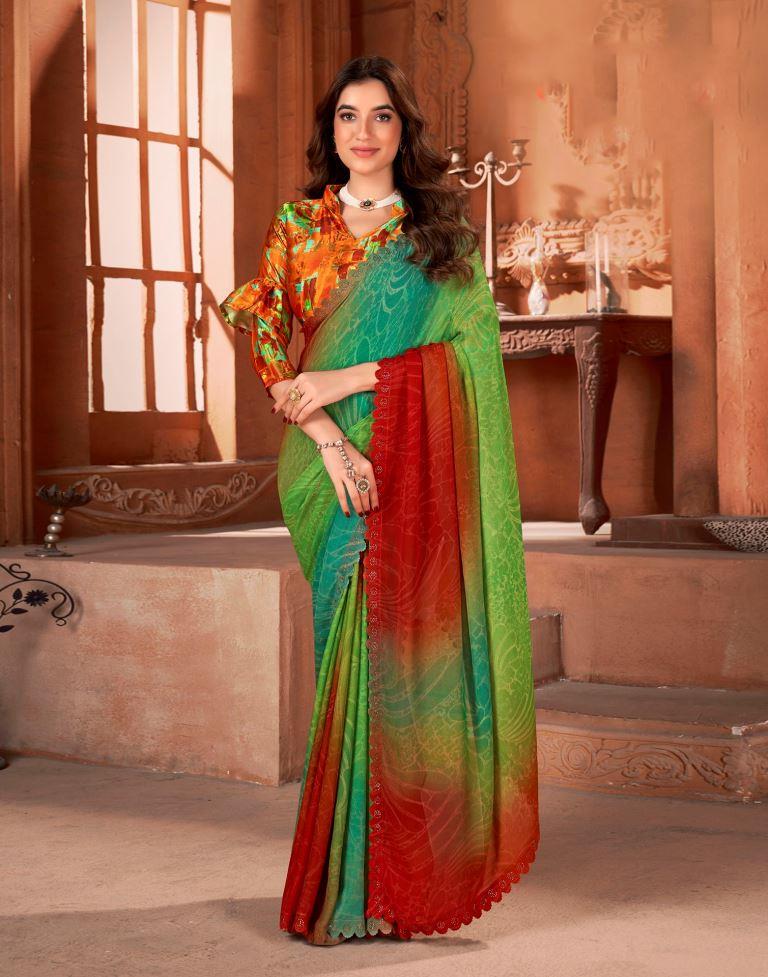 Green Printed Georgette Saree