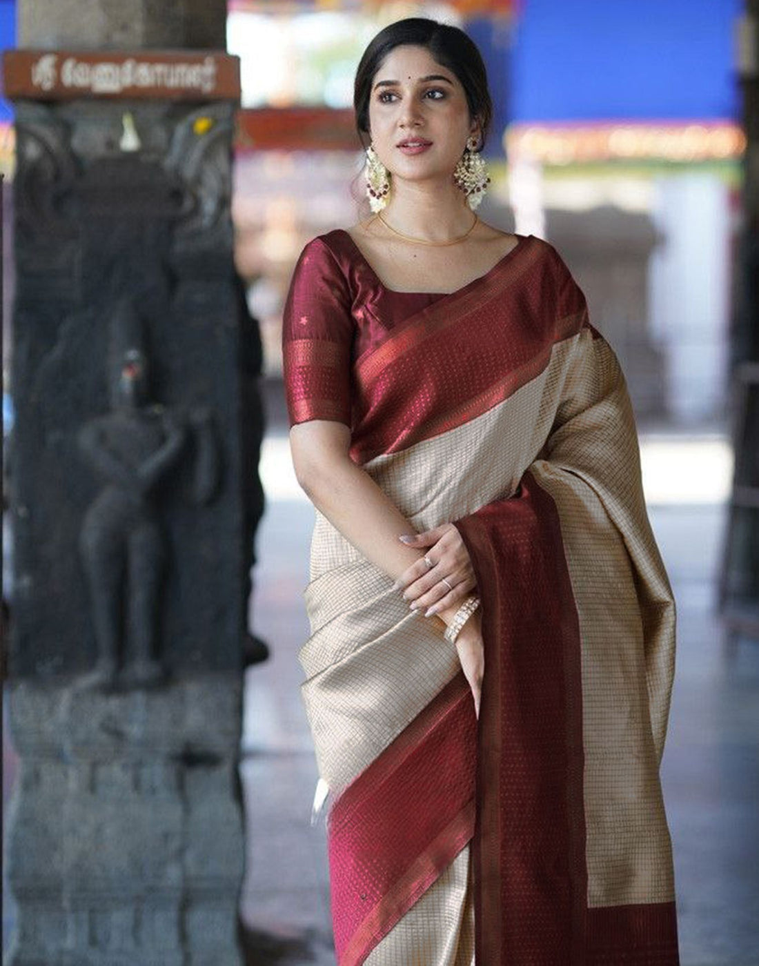 Off White Jacquard Silk Saree