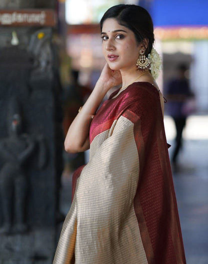 Off White Jacquard Silk Saree