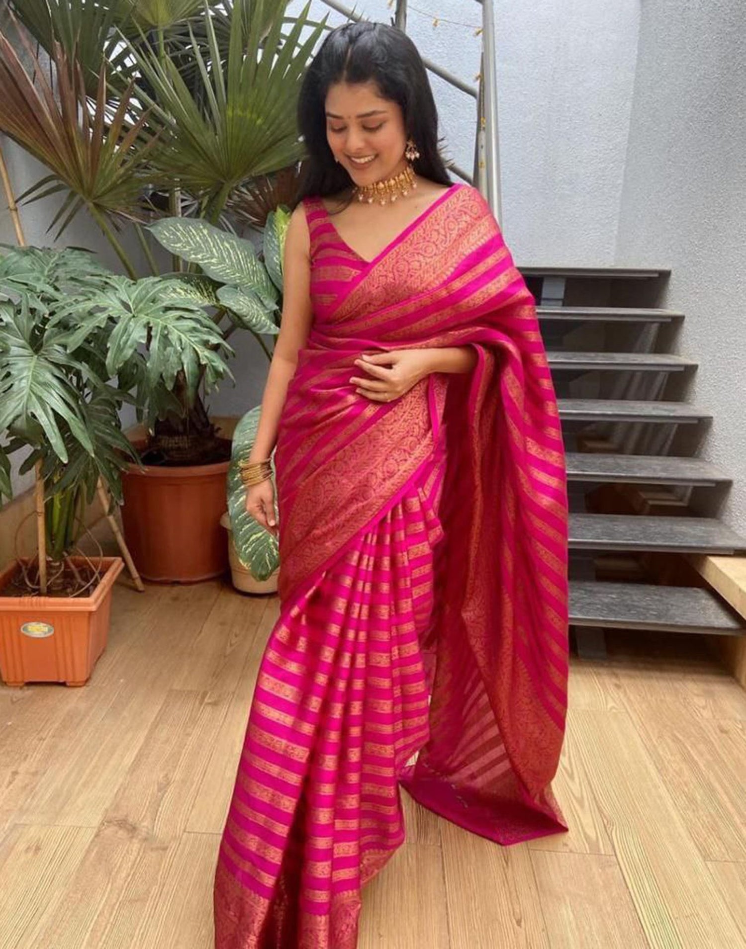 Hot Pink Jacquard Silk Saree