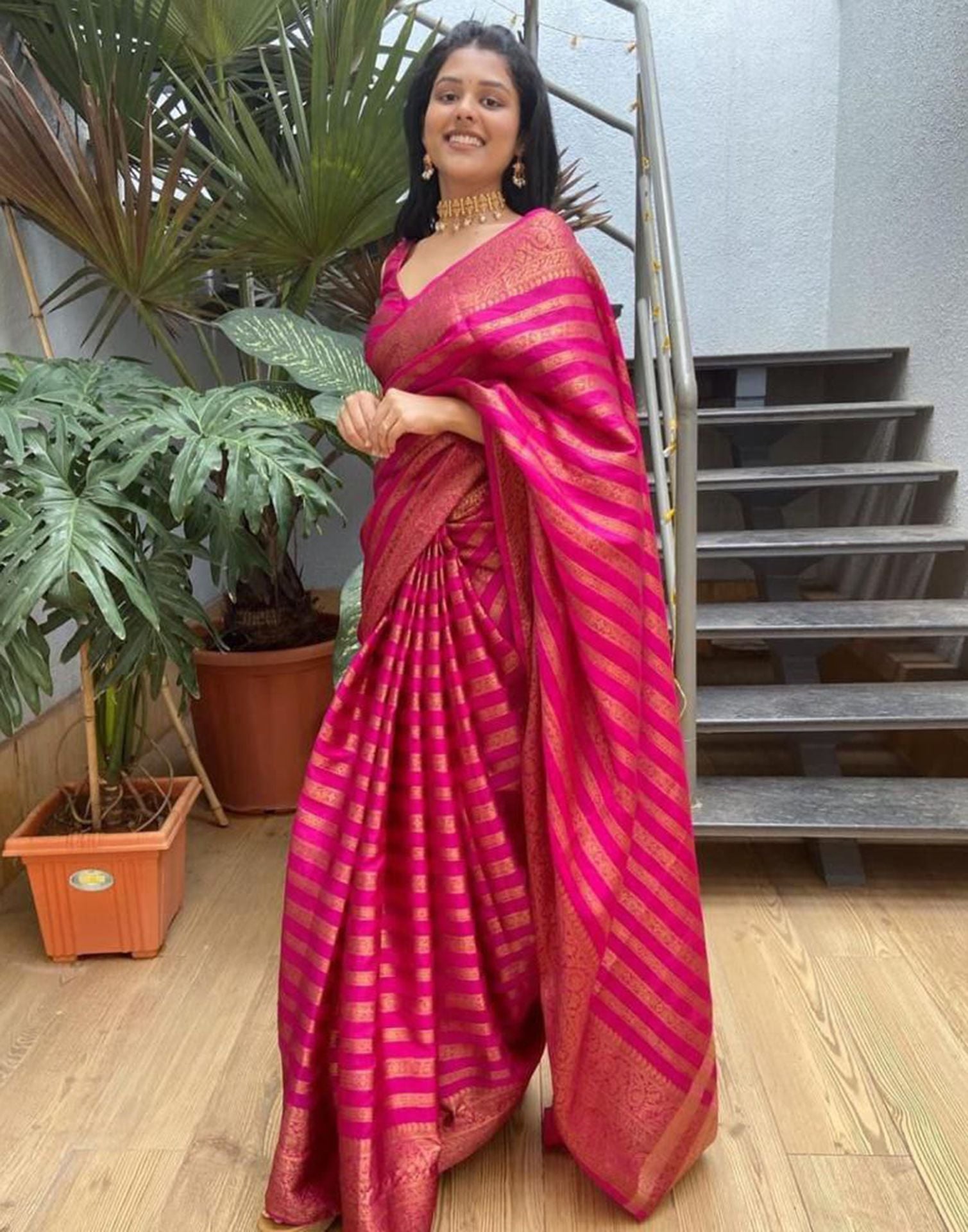 Hot Pink Jacquard Silk Saree