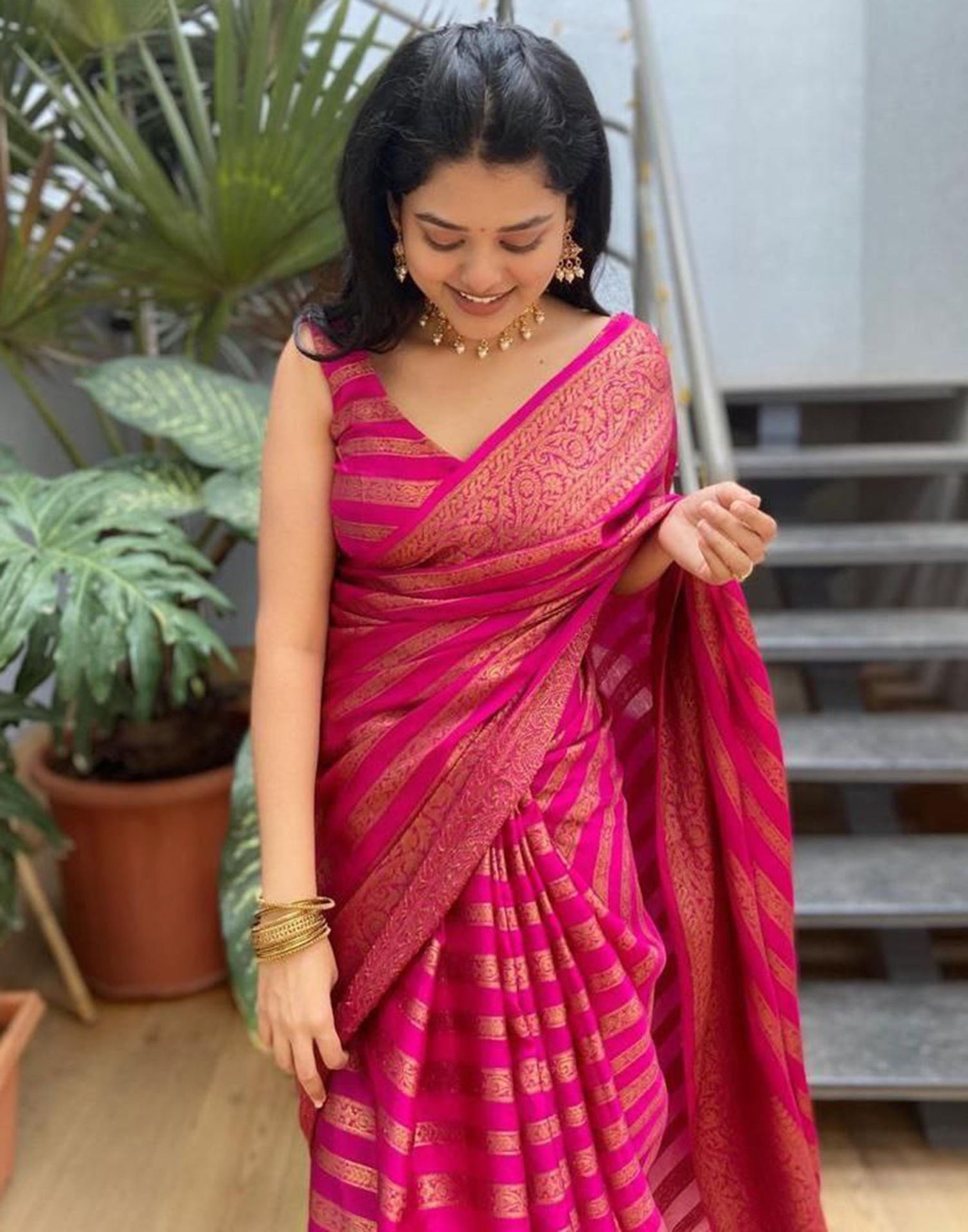 Hot Pink Jacquard Silk Saree