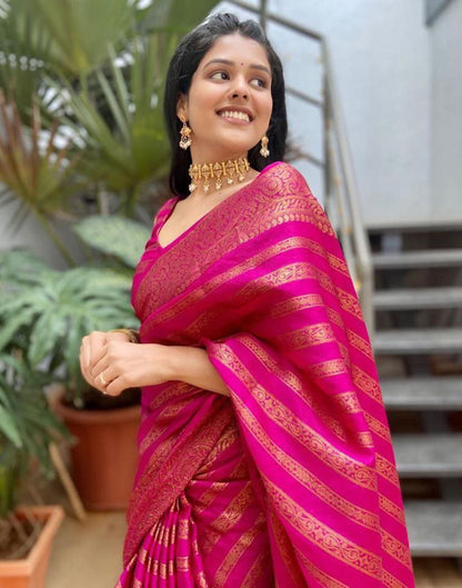 Hot Pink Jacquard Silk Saree