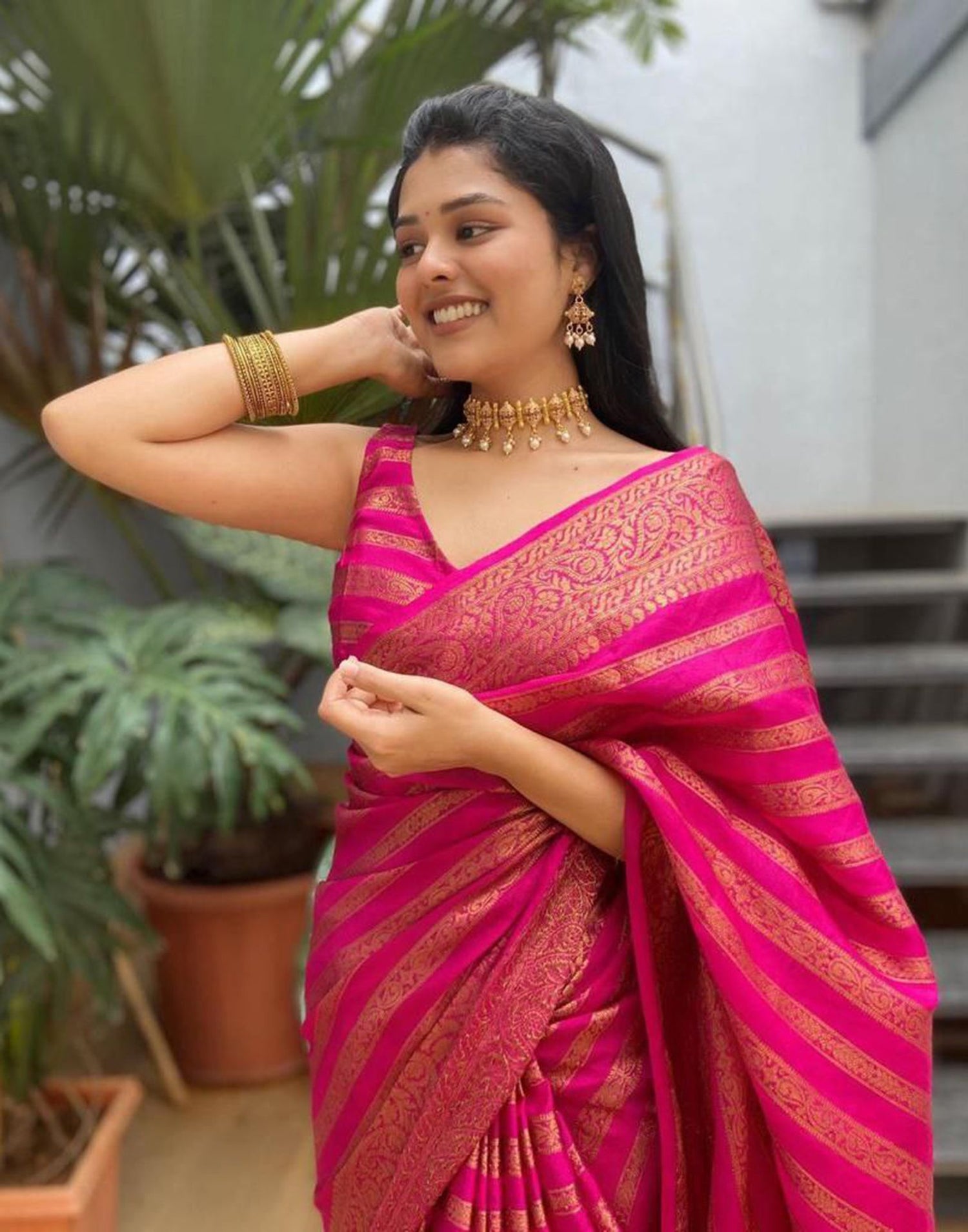 Hot Pink Jacquard Silk Saree