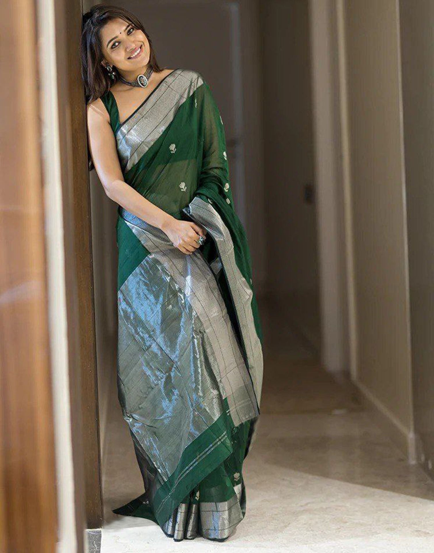 Dark Green Jacquard Silk Saree