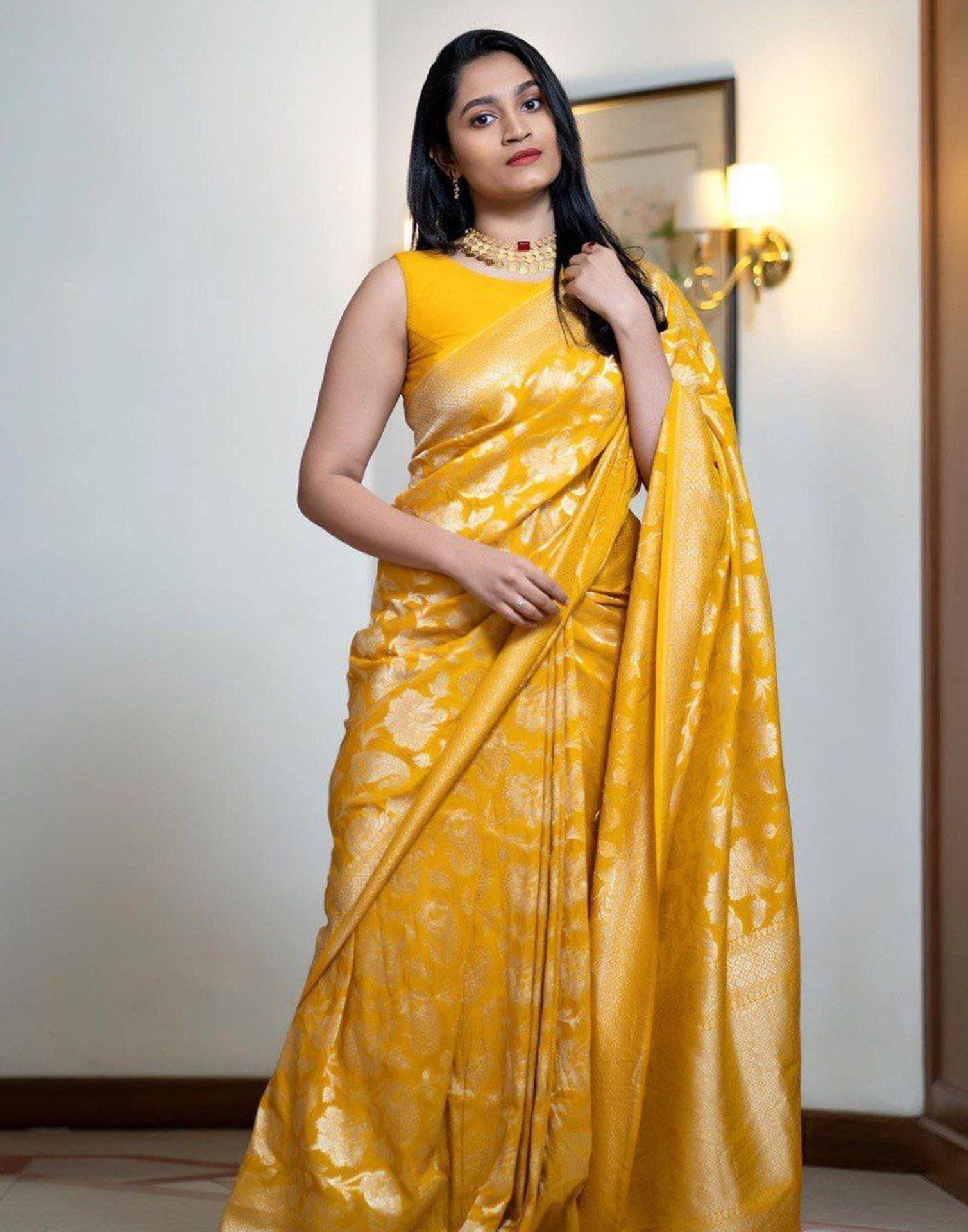 Yellow Jacquard Silk Saree