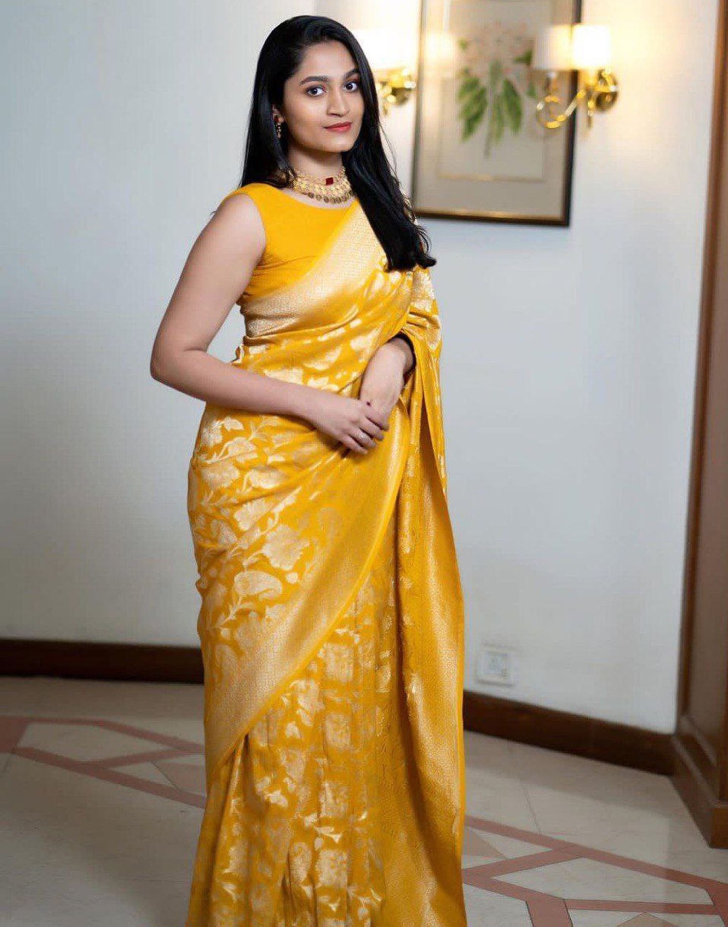 Yellow Jacquard Silk Saree