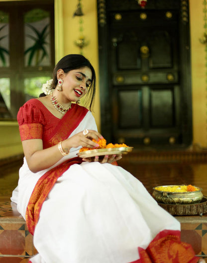 White Jacquard Silk Saree