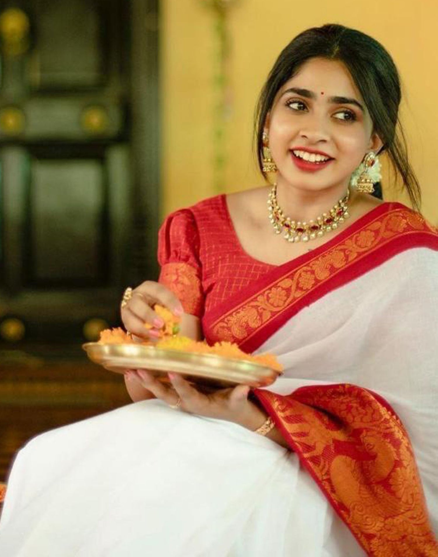 White Jacquard Silk Saree