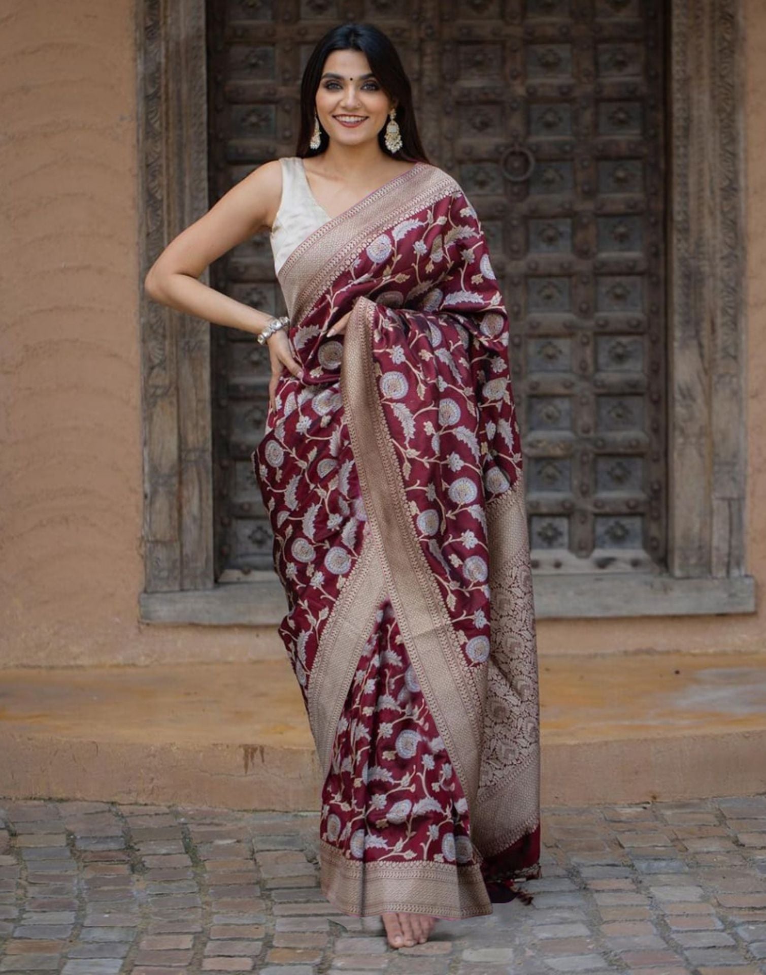 Maroon Floral Banarasi Silk Saree